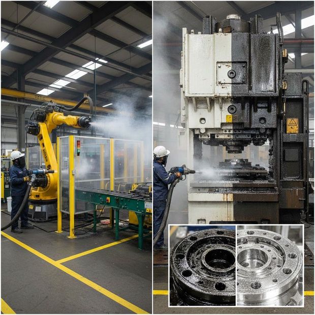 Two industrial scenes: robotic arm spraying, worker cleaning large machinery. Both show cleaning in a factory setting.