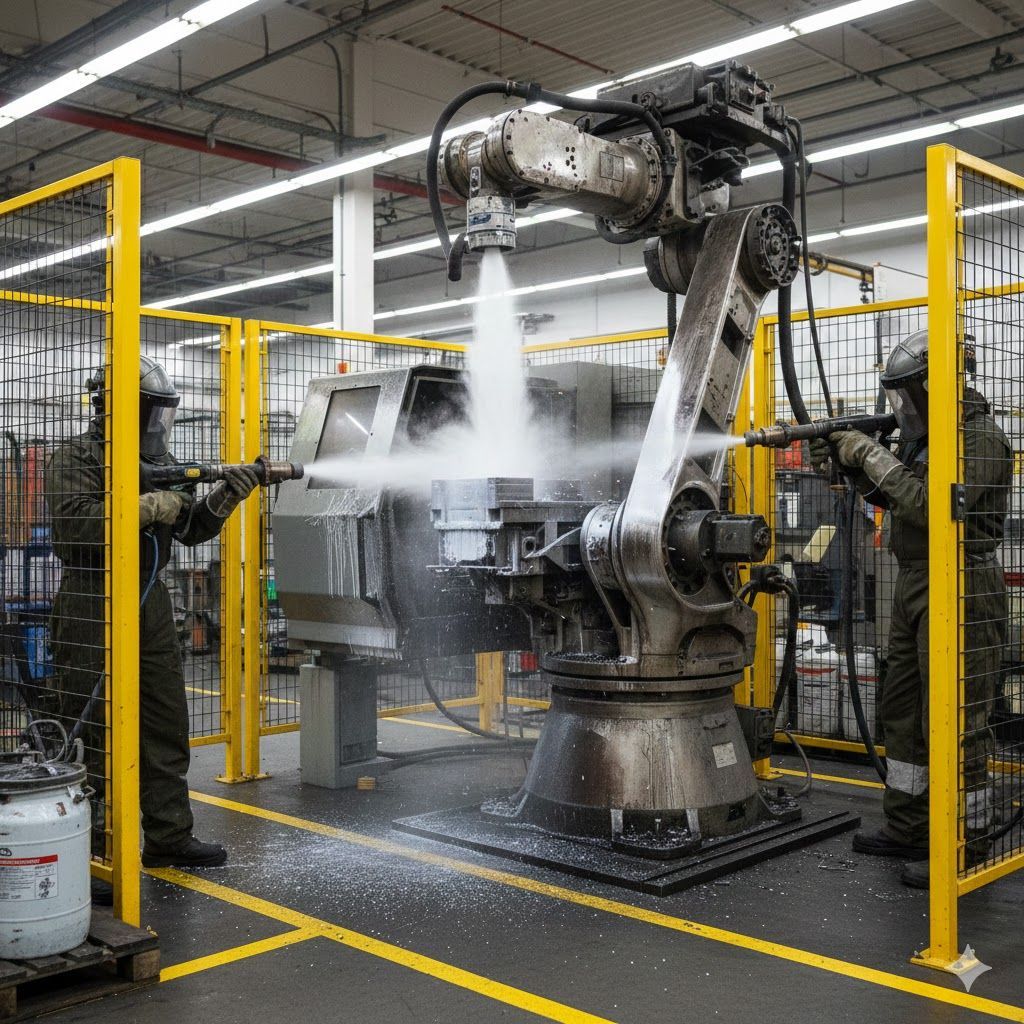 Robotic arm and two workers spraying machinery with high-pressure CO2 in a factory setting.