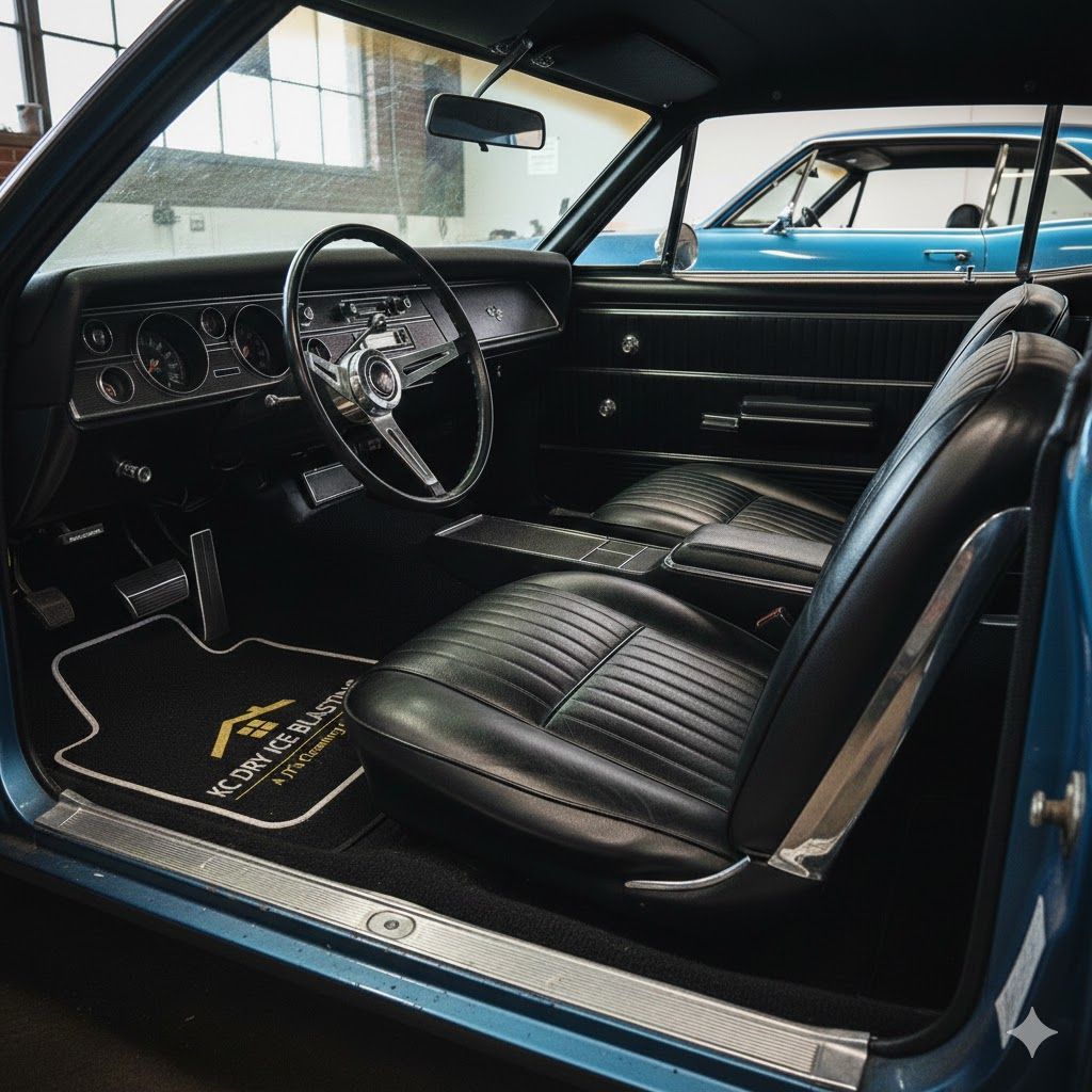Interior of a classic blue car with black leather seats, steering wheel, and dashboard.