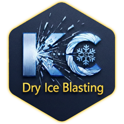 Logo for KC Dry Ice Blasting, featuring the metallic letters