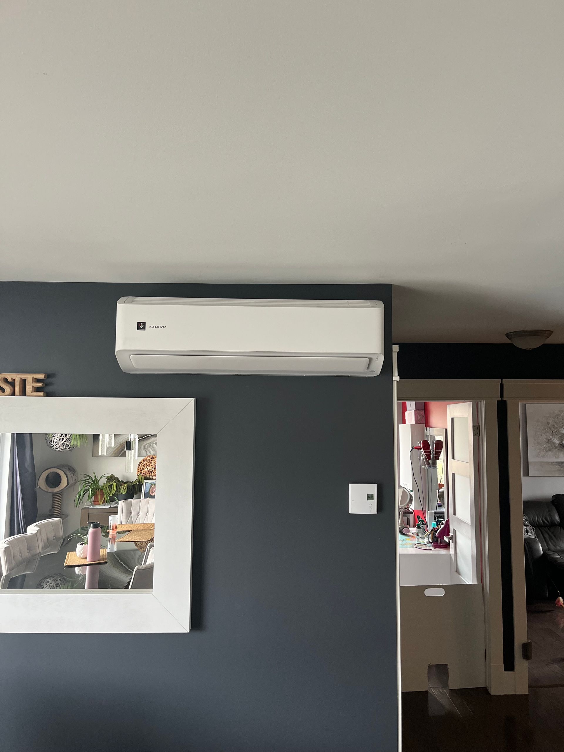 Un salon avec un miroir et un climatiseur au mur