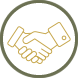 Handshake icon in gold, inside a gray and white circle.