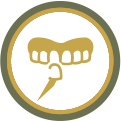 Gold outline of teeth with a dental pick within a circle.