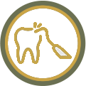 Gold tooth with dental mirror in a circular emblem.