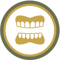 Dentures icon within a gold and olive green circle.