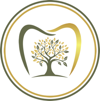 Logo: Tooth-shaped frame in green and gold with a tree inside, enclosed by a circular border.