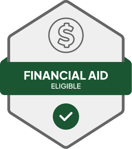 Badge: Financial Aid Eligible, blue banner, building icon, dollar sign.