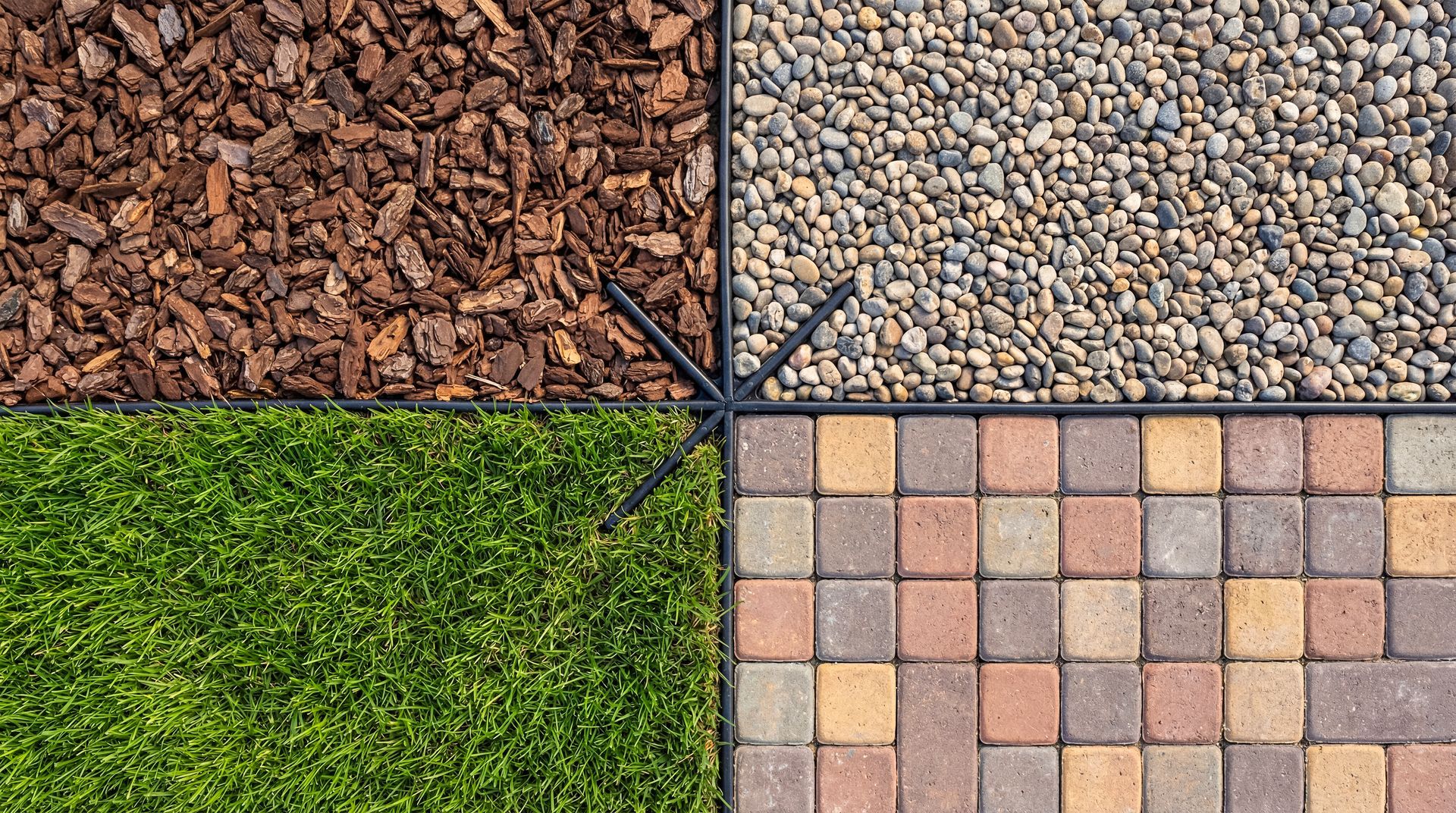 Four unique landscaping textures including grass, stone pebbles, wood mulch, and brick pavers. Four unique landscaping textures including grass, stone pebbles, wood mulch, and brick pavers.
