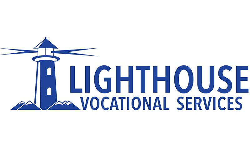 The logo for lighthouse vocational services shows a lighthouse with mountains in the background.