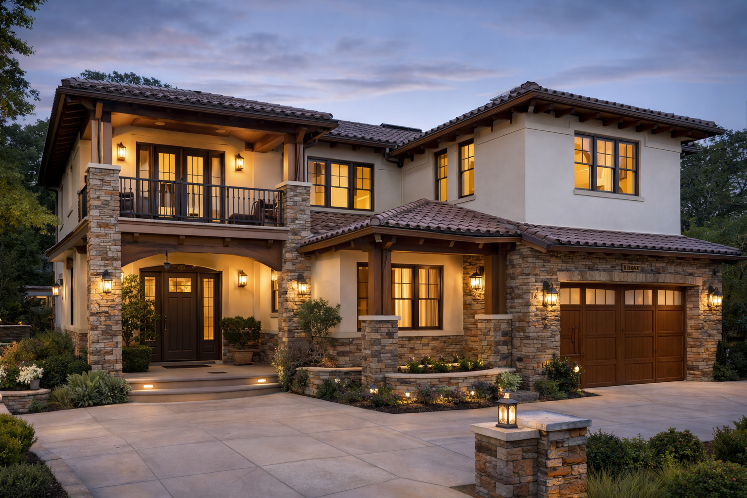 A white house with a black fence in front of it