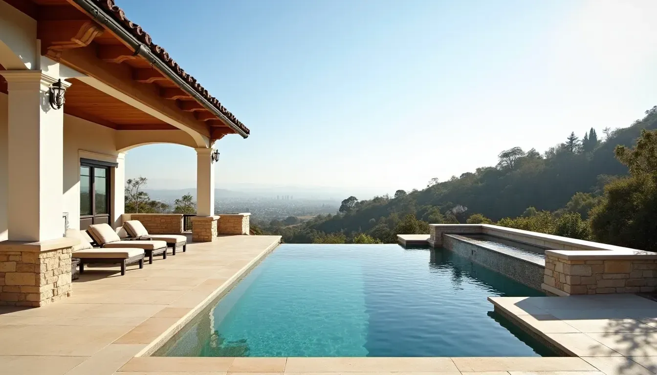 A large swimming pool with a view of a city at night