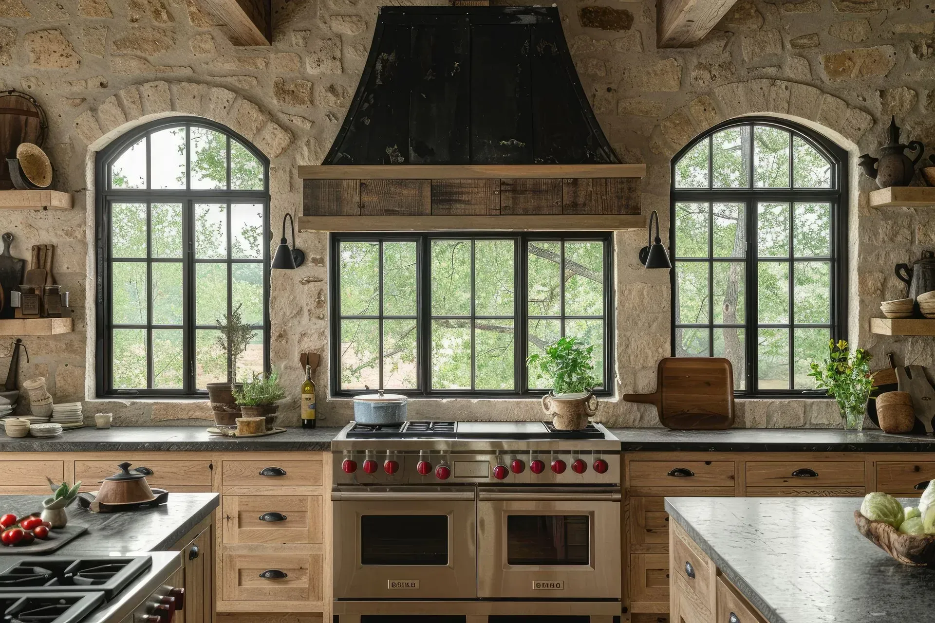A kitchen with a bowl of fruit on the counter