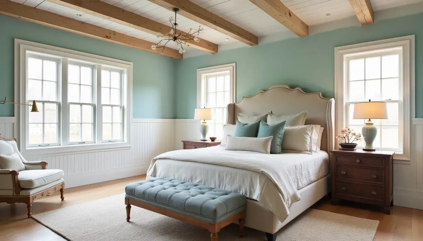 A bedroom with a fireplace and a large bed