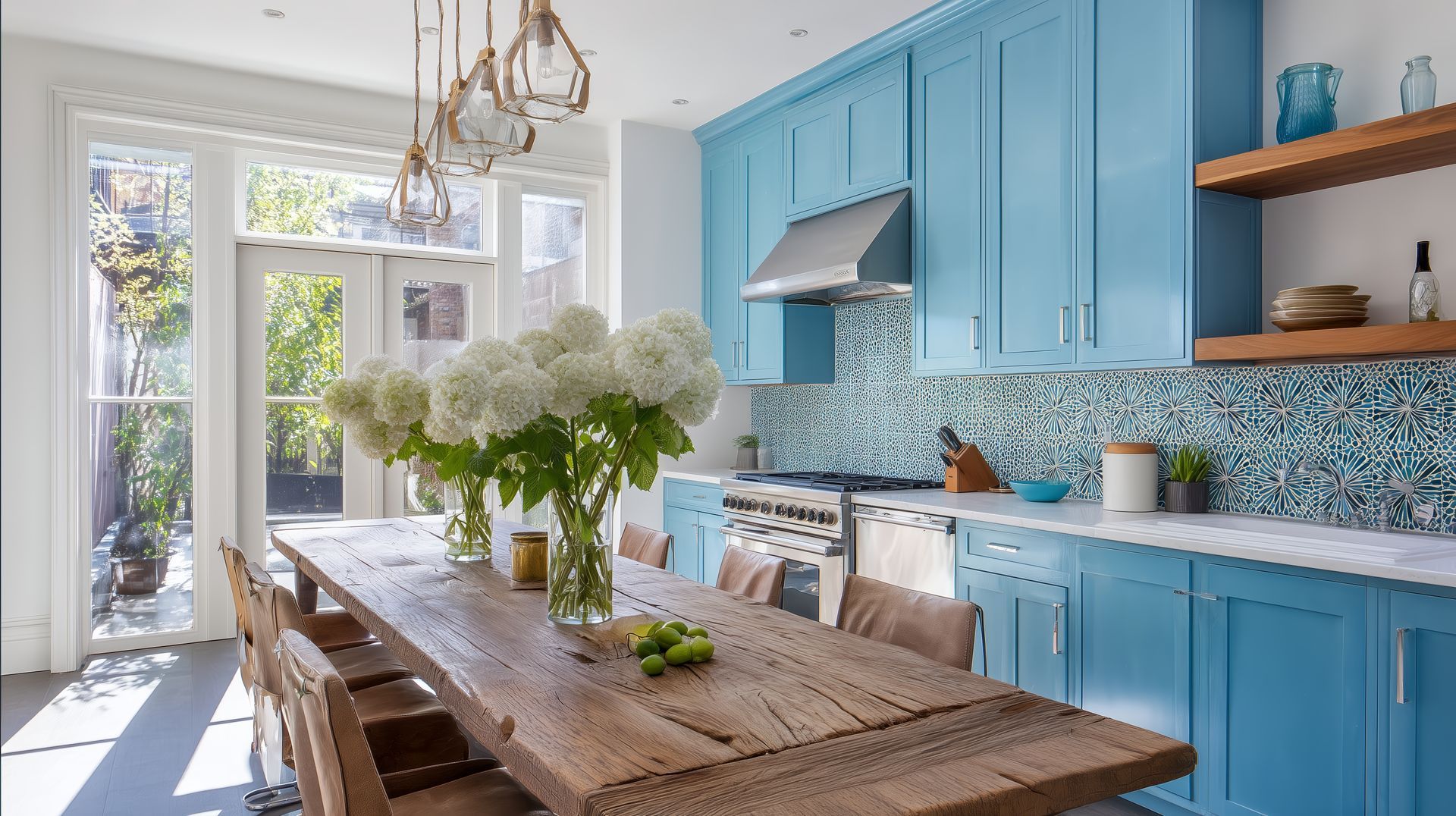 A kitchen with a large island and stools and a sign that says beach.