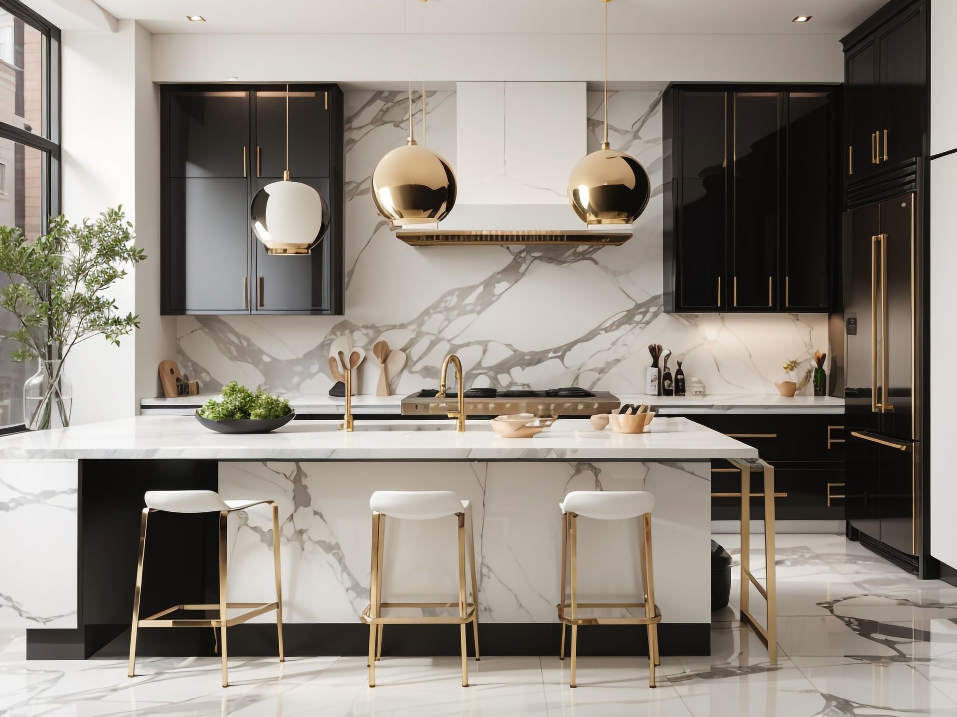 A modern kitchen with black and white cabinets, marble counter tops, and gold stools.