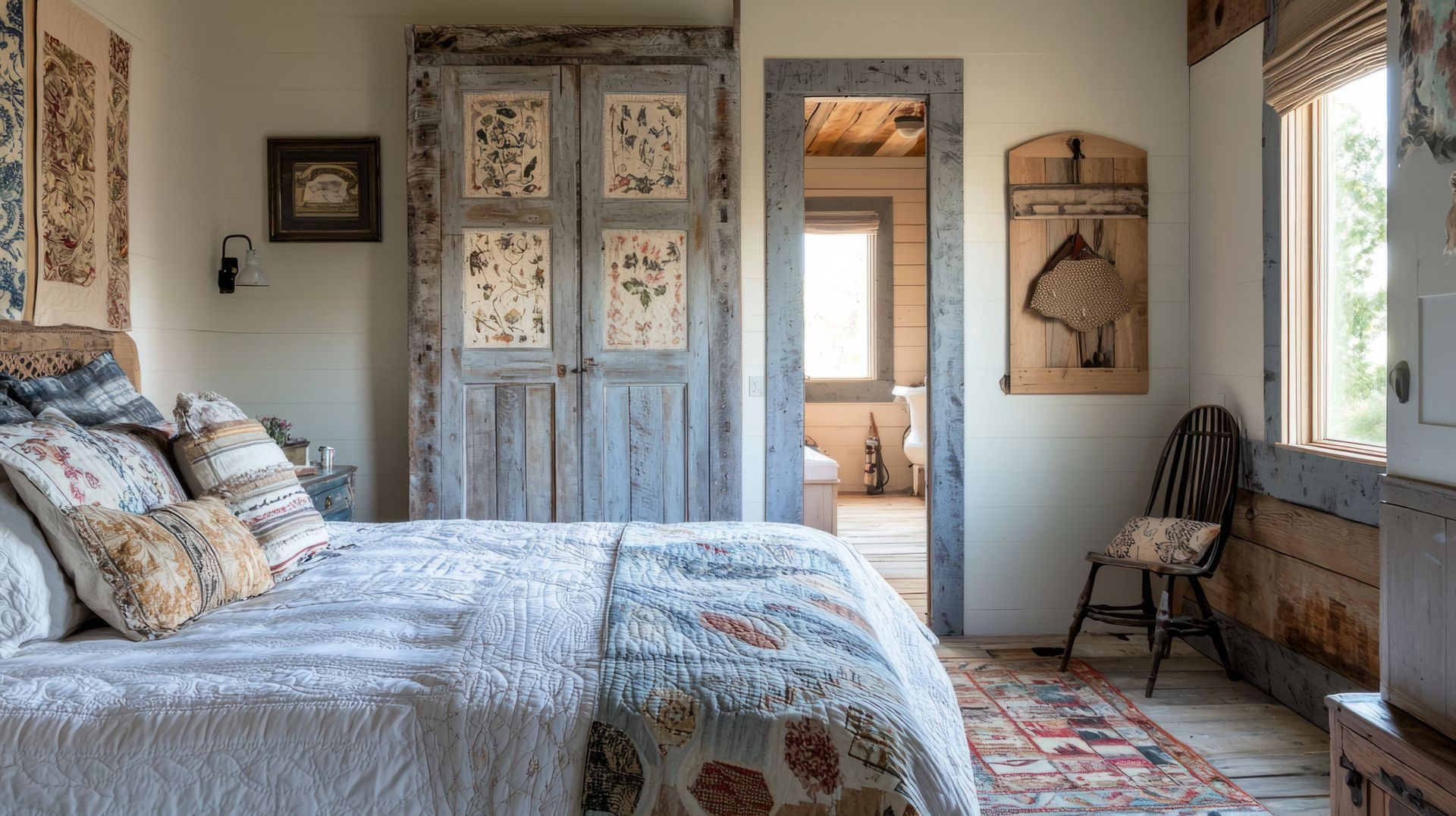A bedroom with a four poster bed and a fireplace