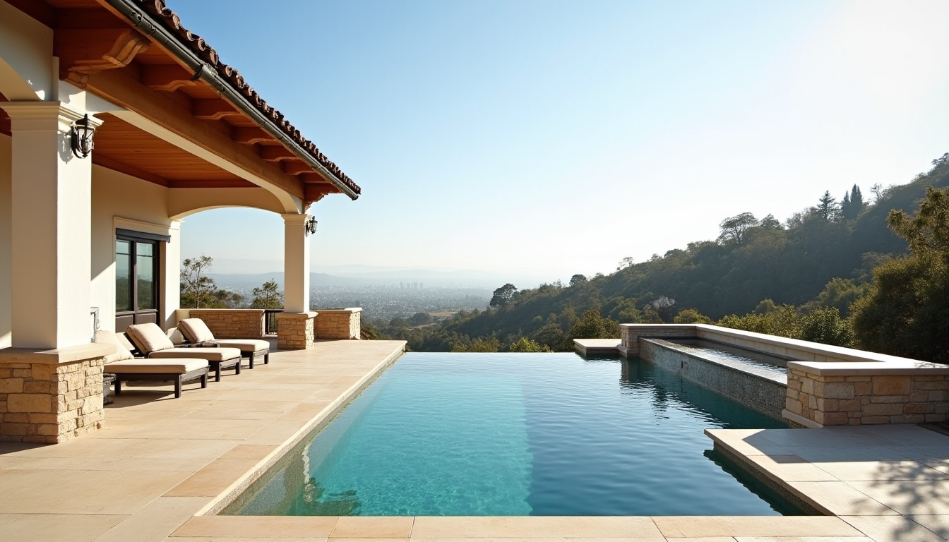 A large swimming pool with a view of a city at night