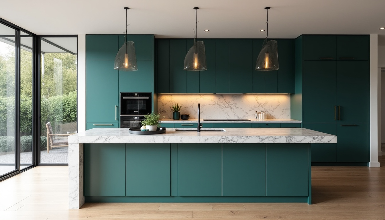 A kitchen with a large island and a large window