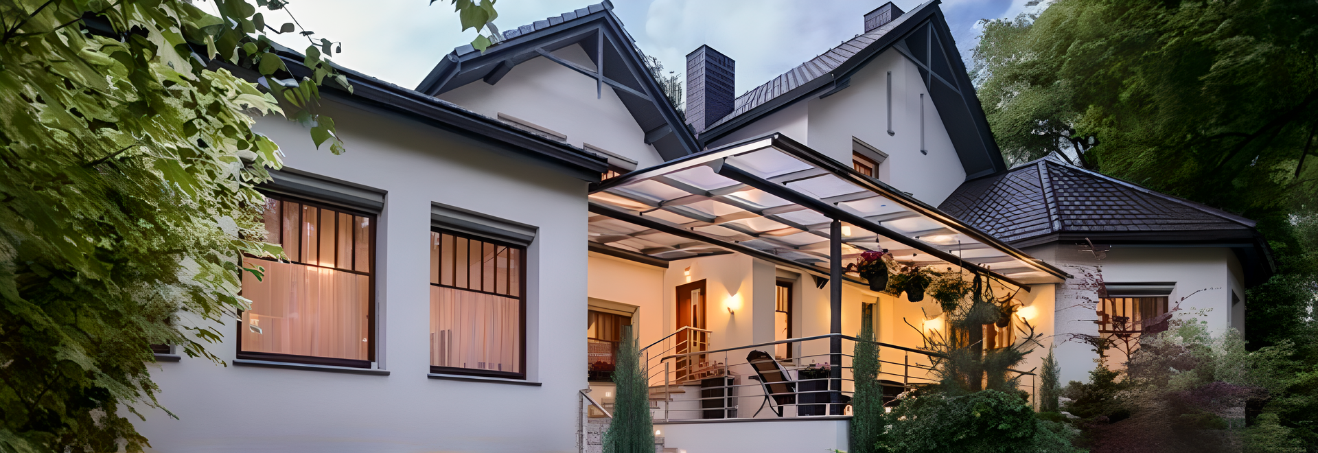 A large white house with a large porch is surrounded by trees.