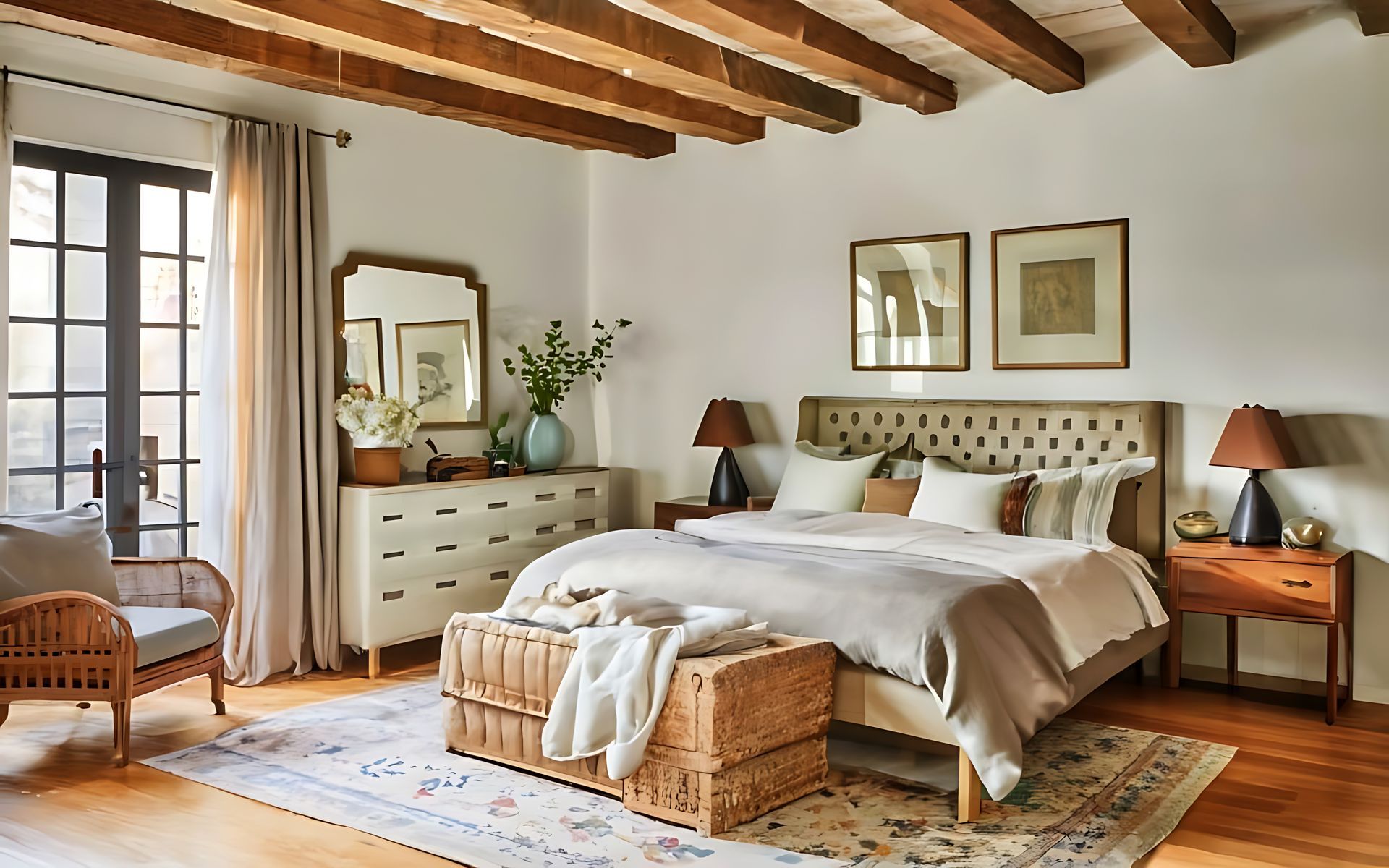 A bedroom with a large bed and a fireplace