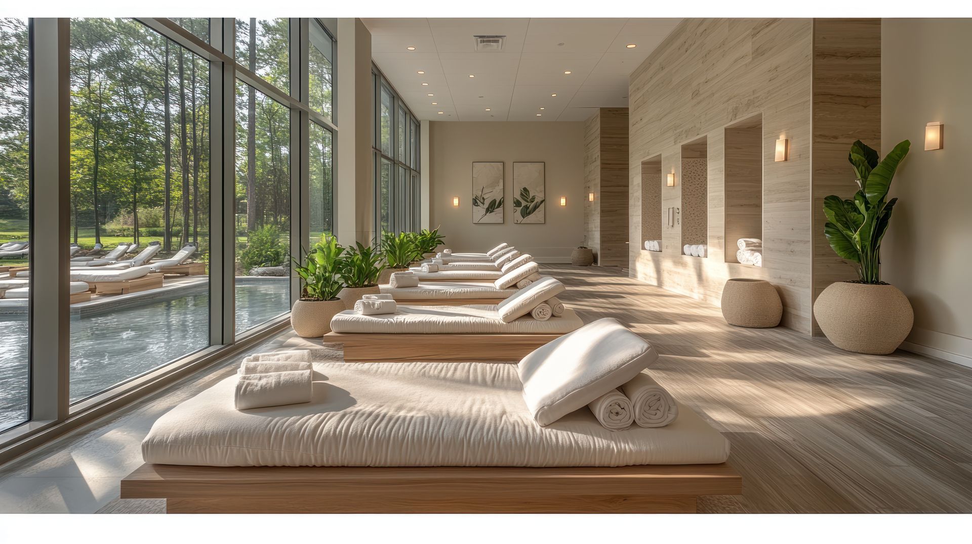 An artist 's impression of an indoor swimming pool with a tree in the middle.