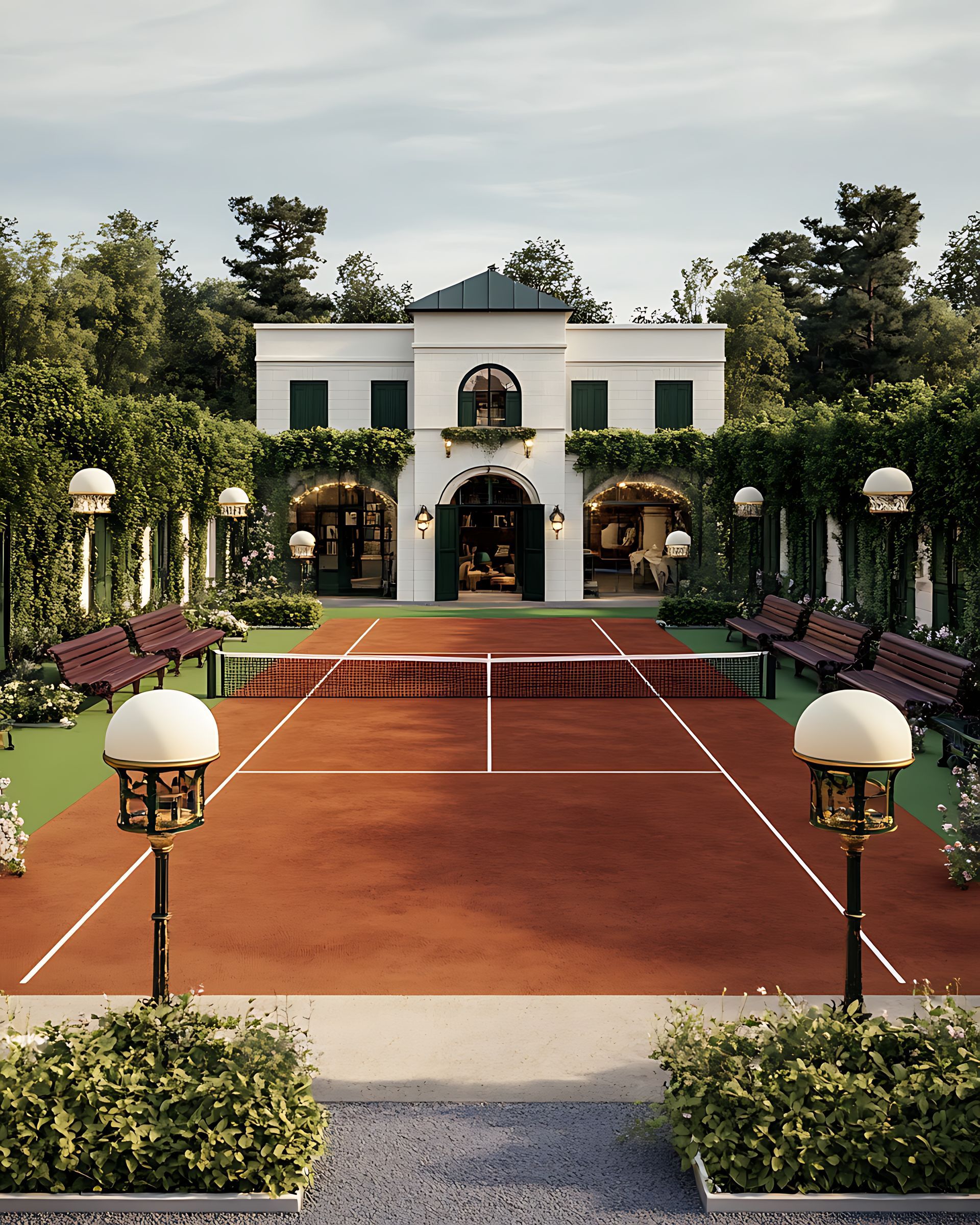 A purple and black basketball court with a basketball hoop