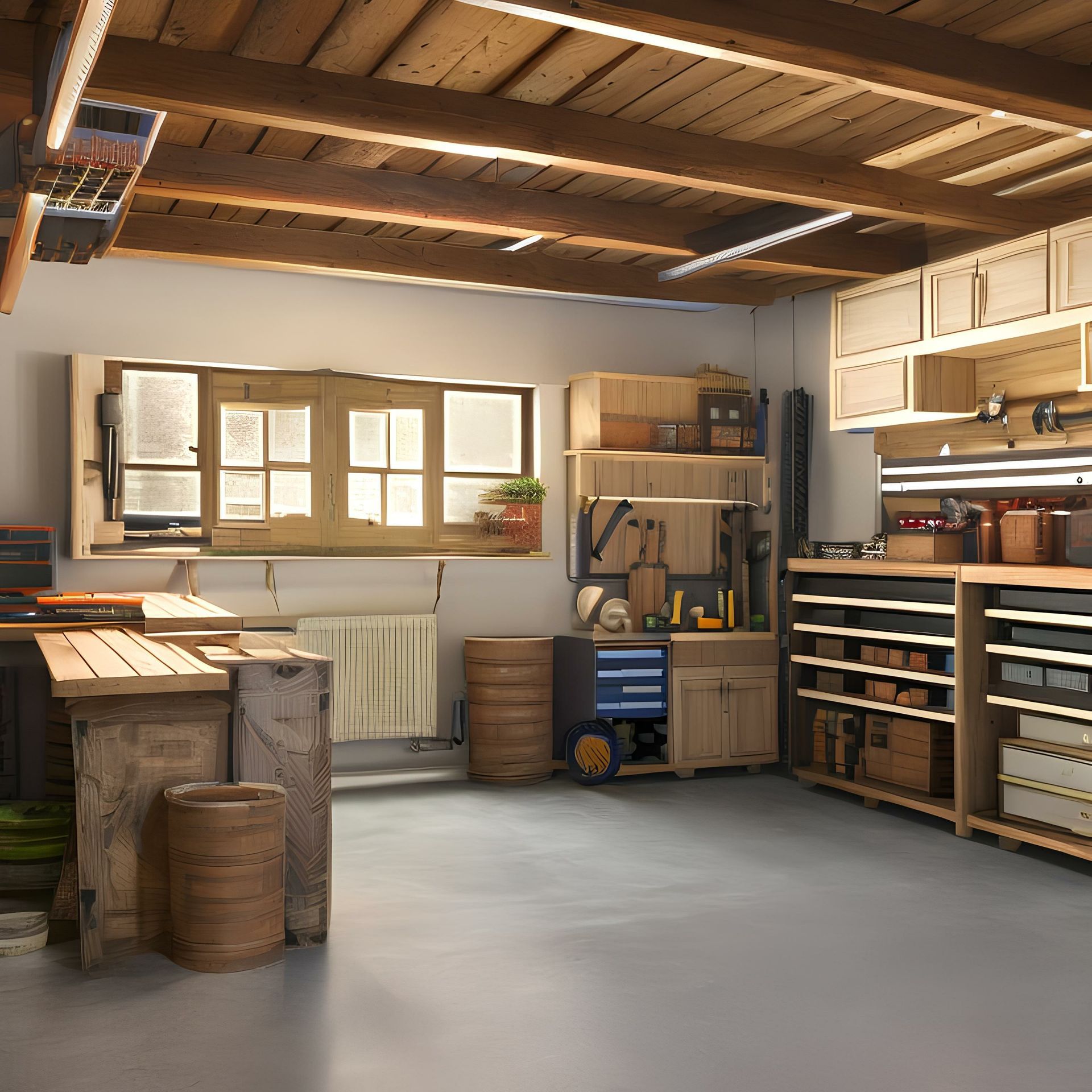 A garage with a lot of wooden cabinets and shelves