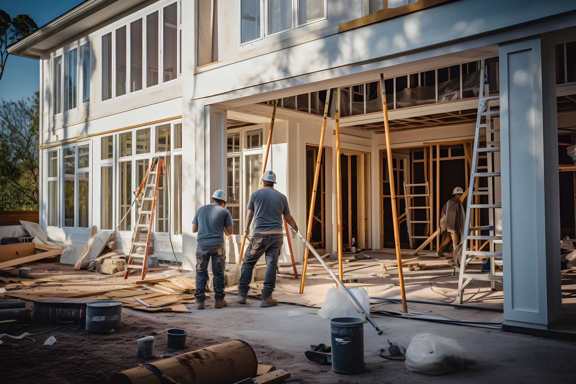 Two men are standing in front of a house that is being built.