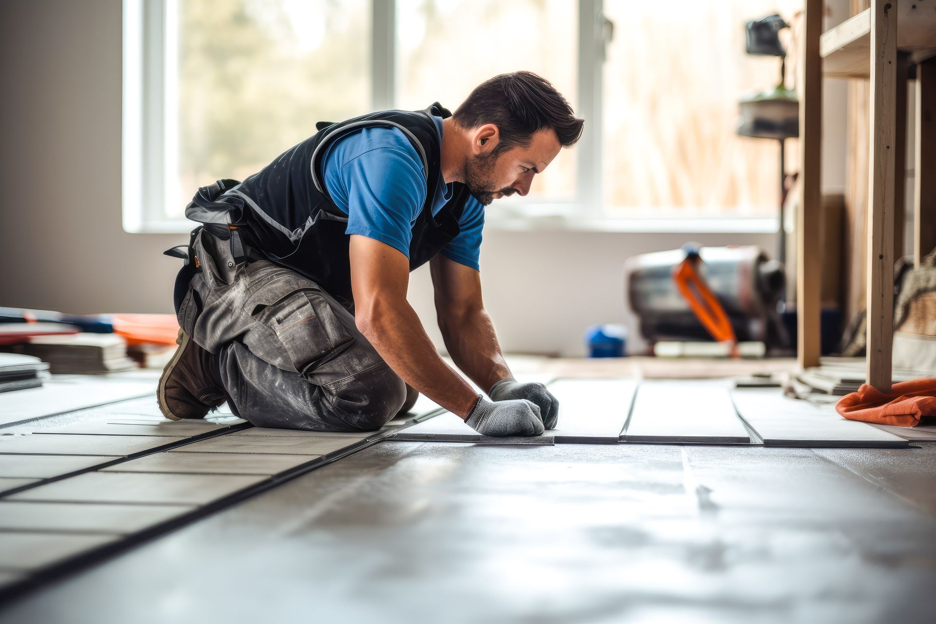 A man is kneeling on the floor while installing tiles.
