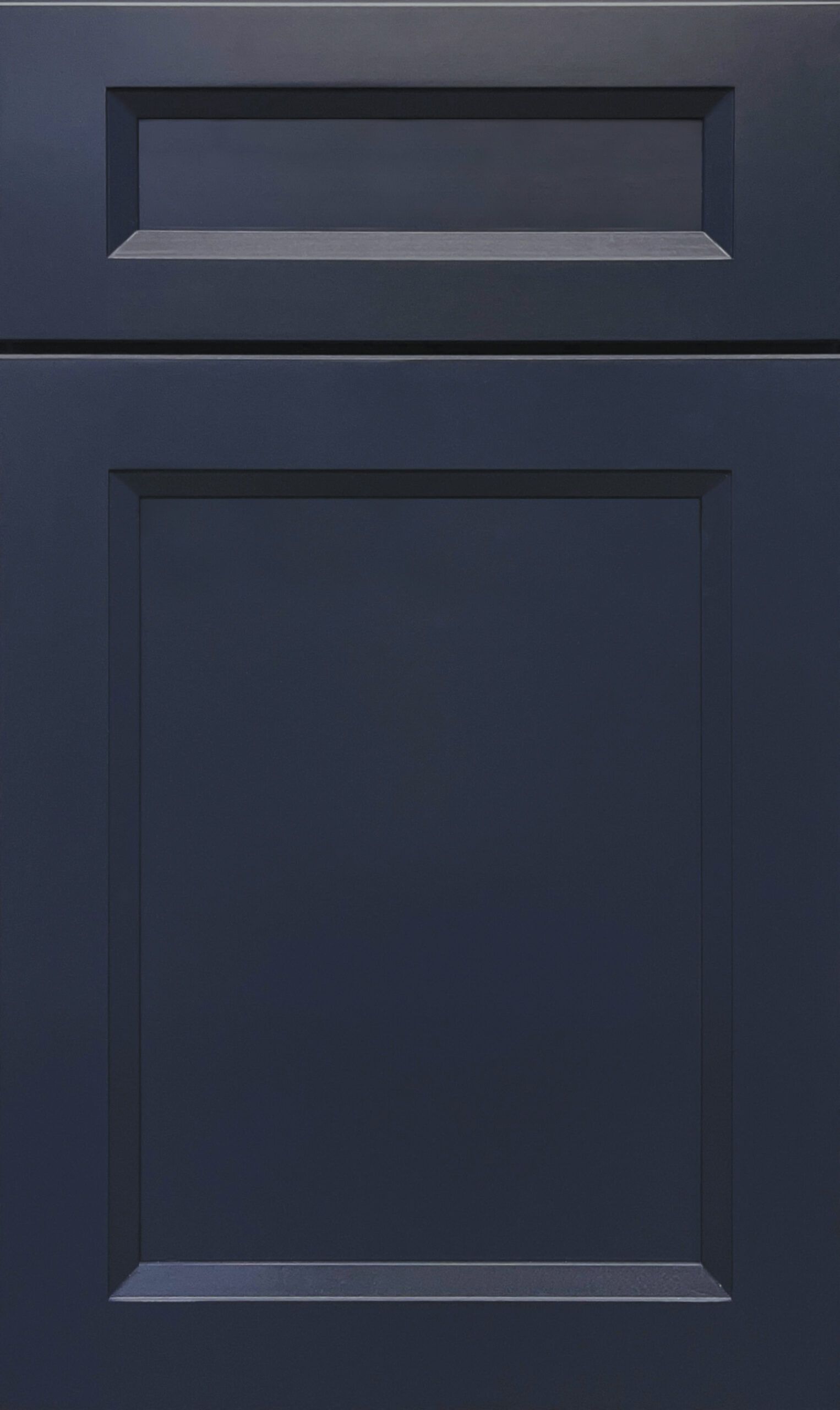 Dark blue cabinet door with a small top drawer and recessed panels