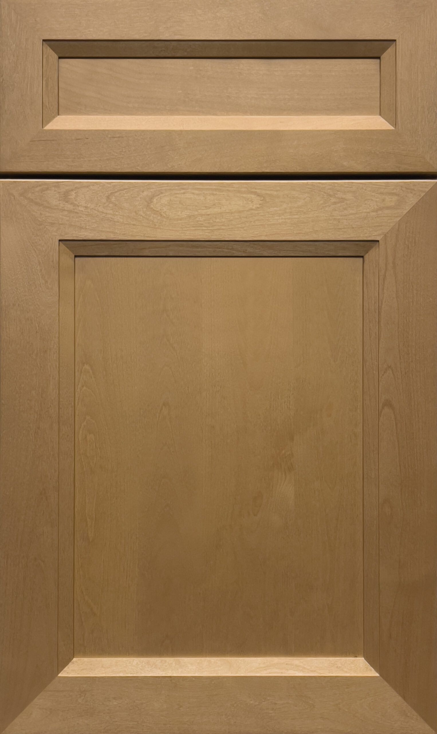 Wooden cabinet door with a drawer above, finished in light brown wood grain.