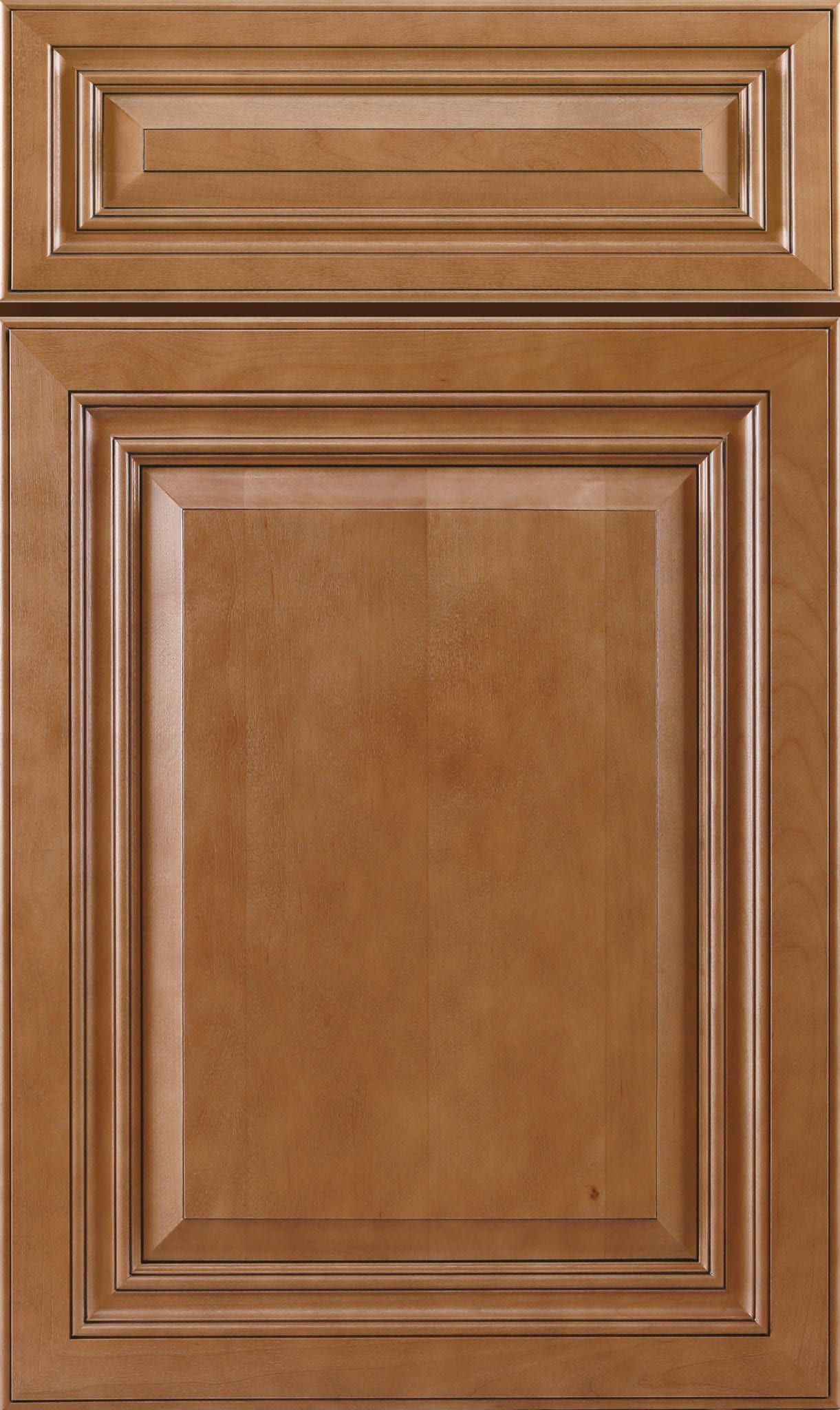 Wooden cabinet door with raised panel design and a smaller top drawer panel