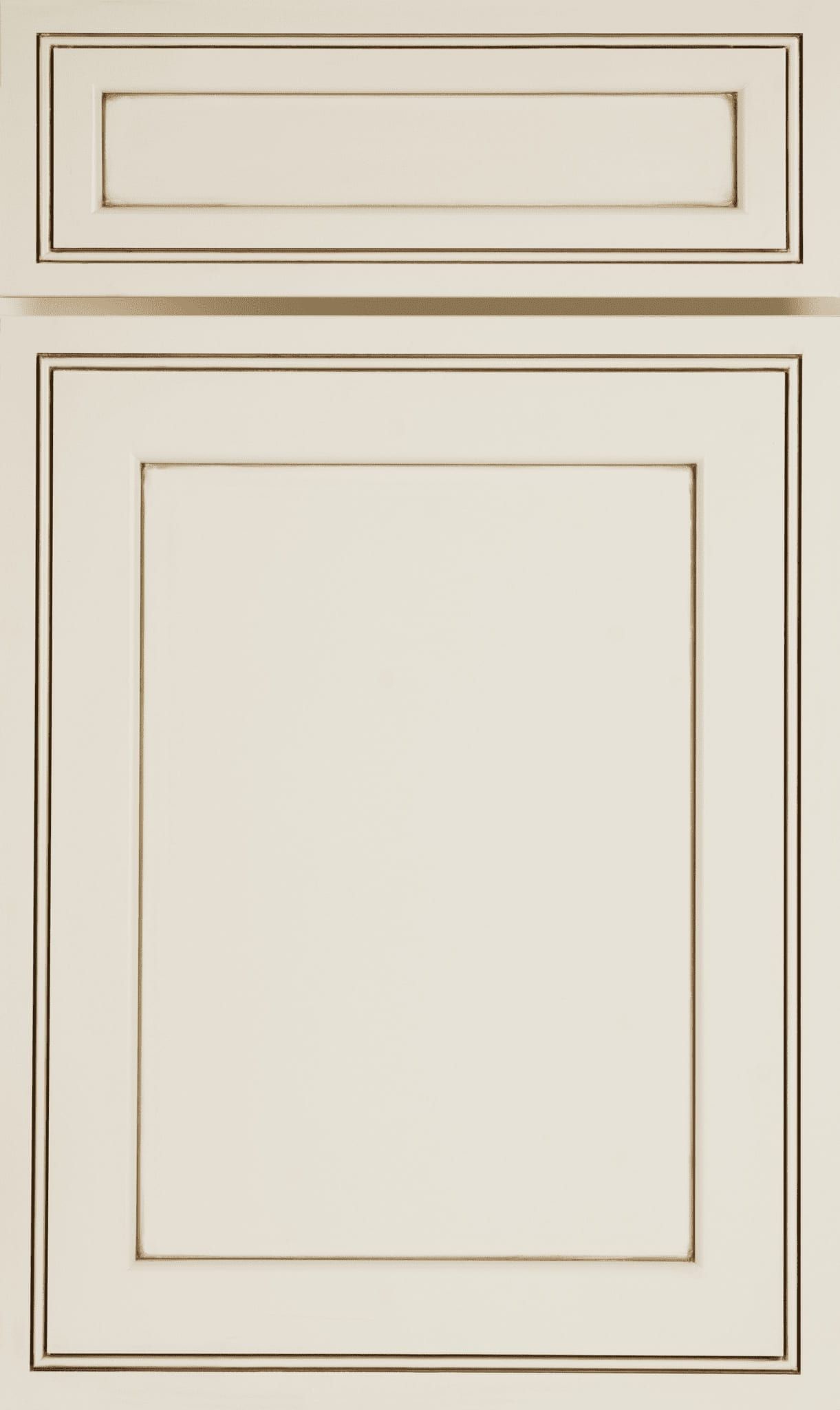 Cream-colored cabinet or wall panel with gold trim and a narrow drawer above a larger door panel.