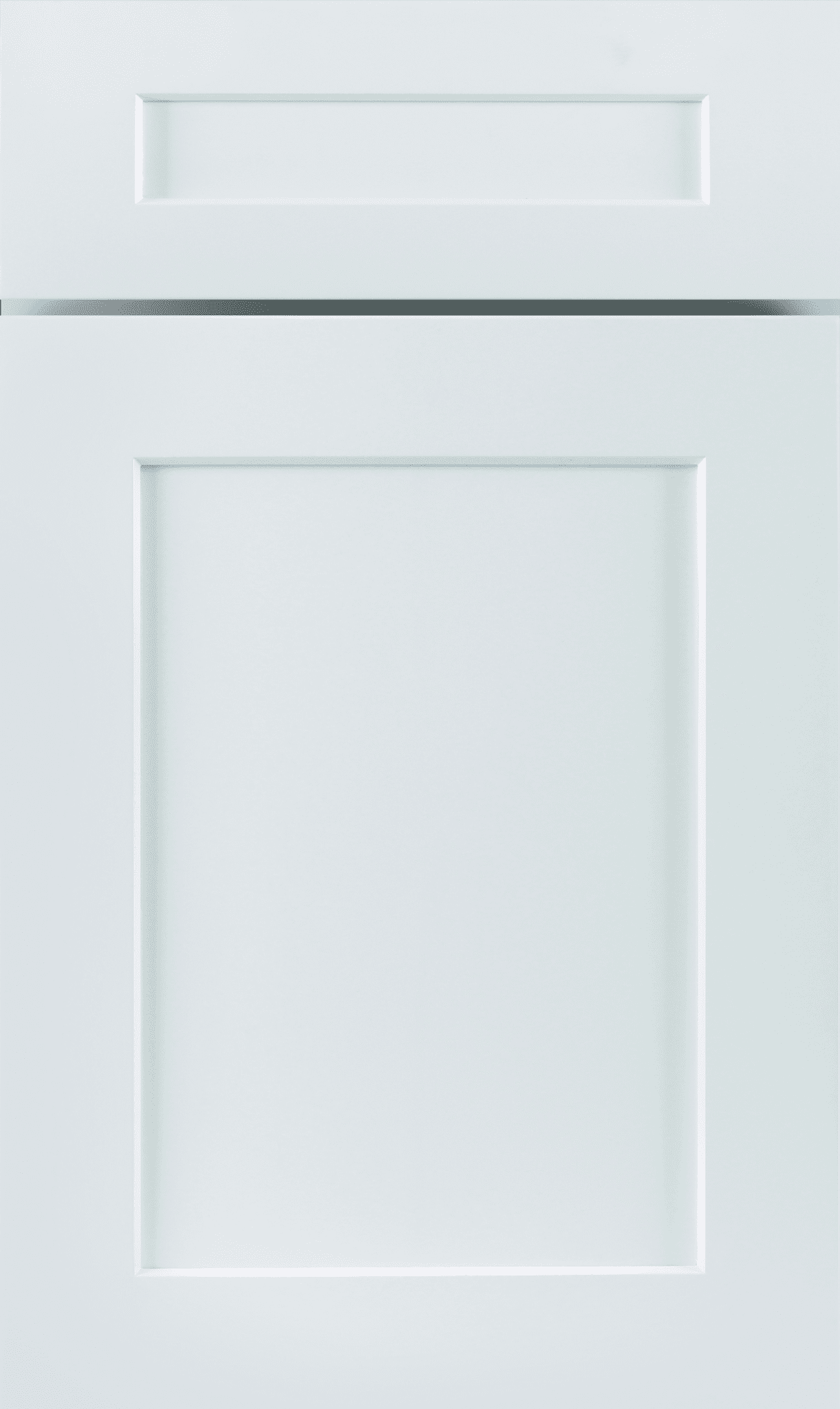 White paneled cabinet door with a narrow drawer at the top and a larger panel below.