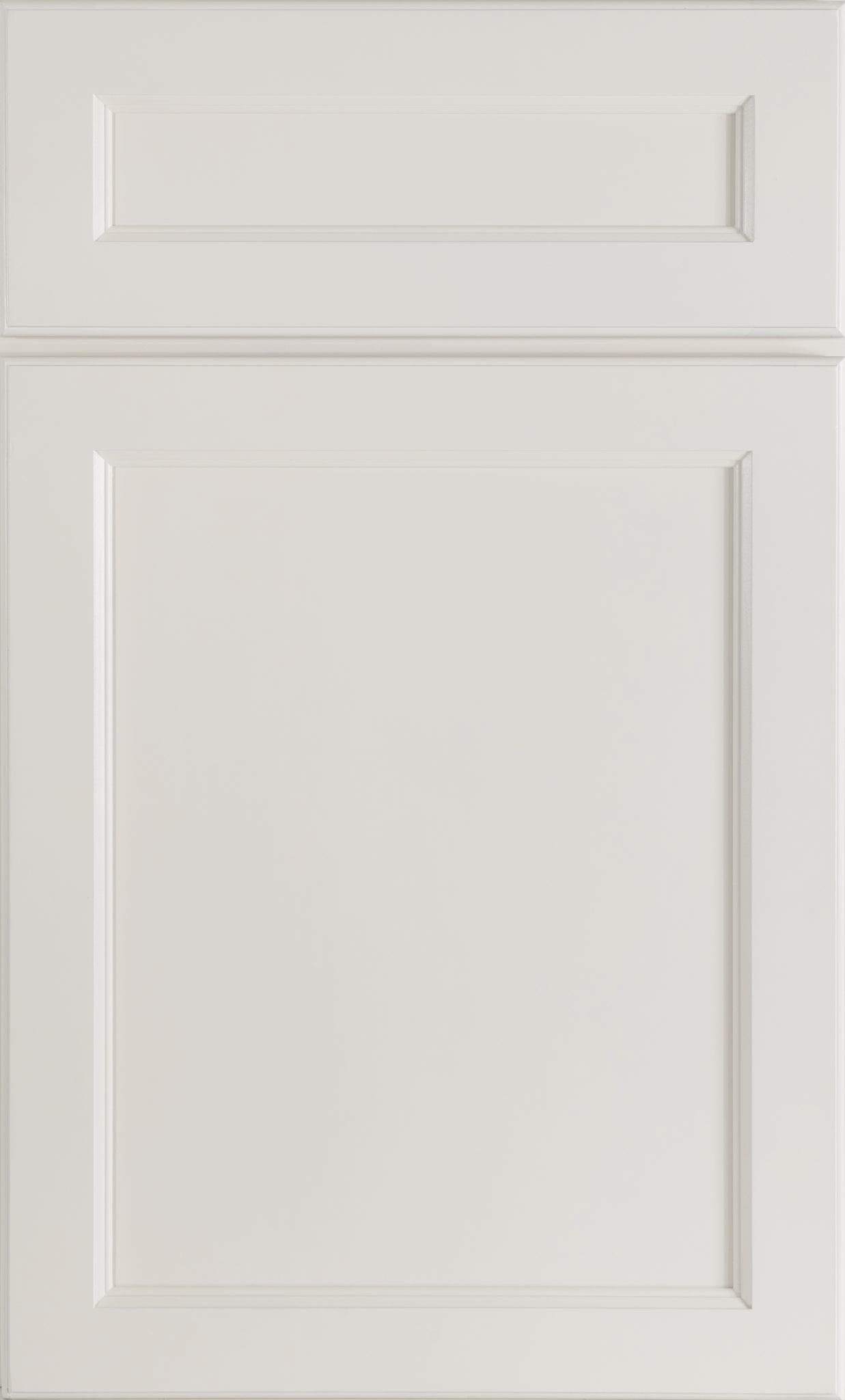 White cabinet door with raised panel details and a smaller top drawer panel