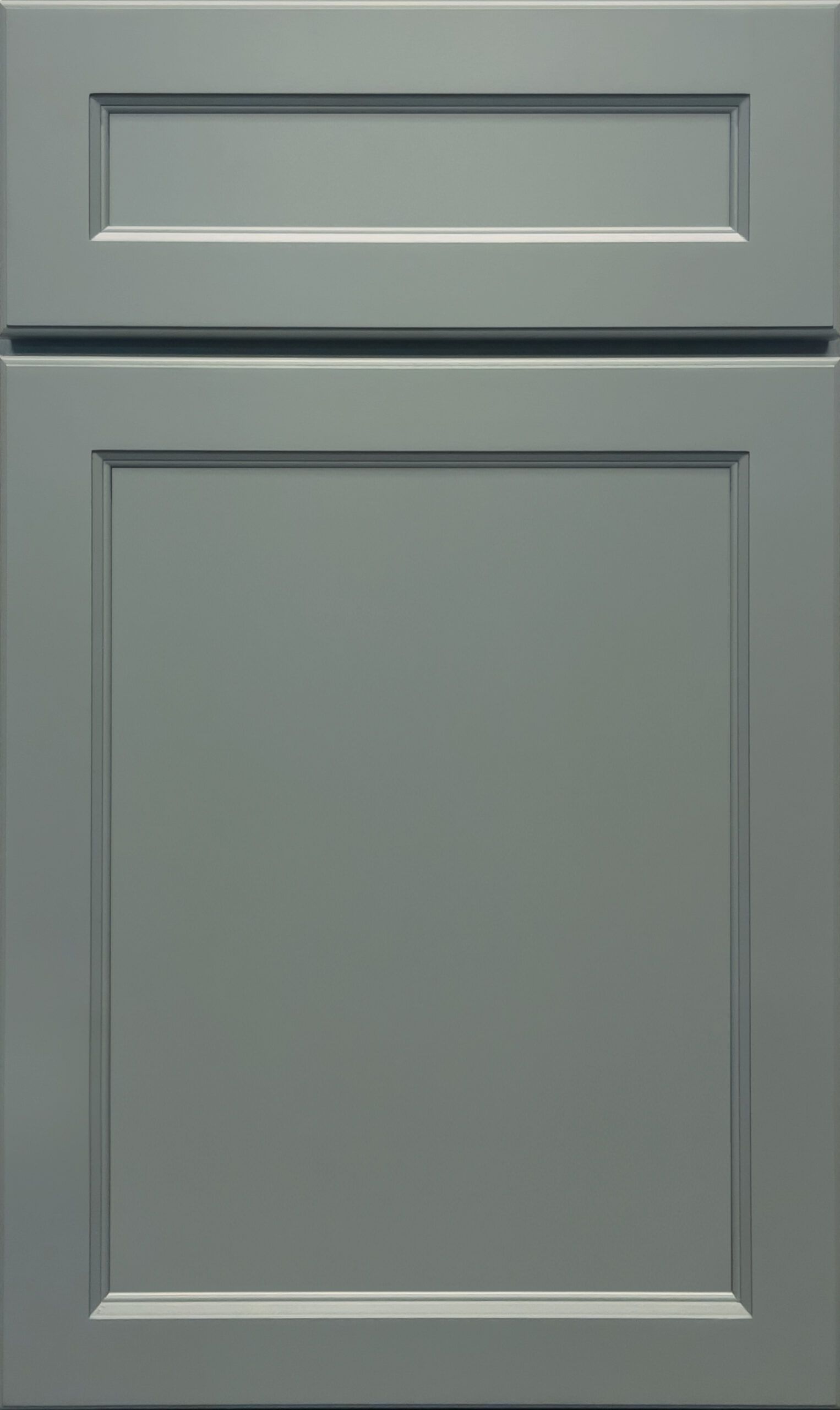 Gray cabinet door with a small top drawer and recessed panel design