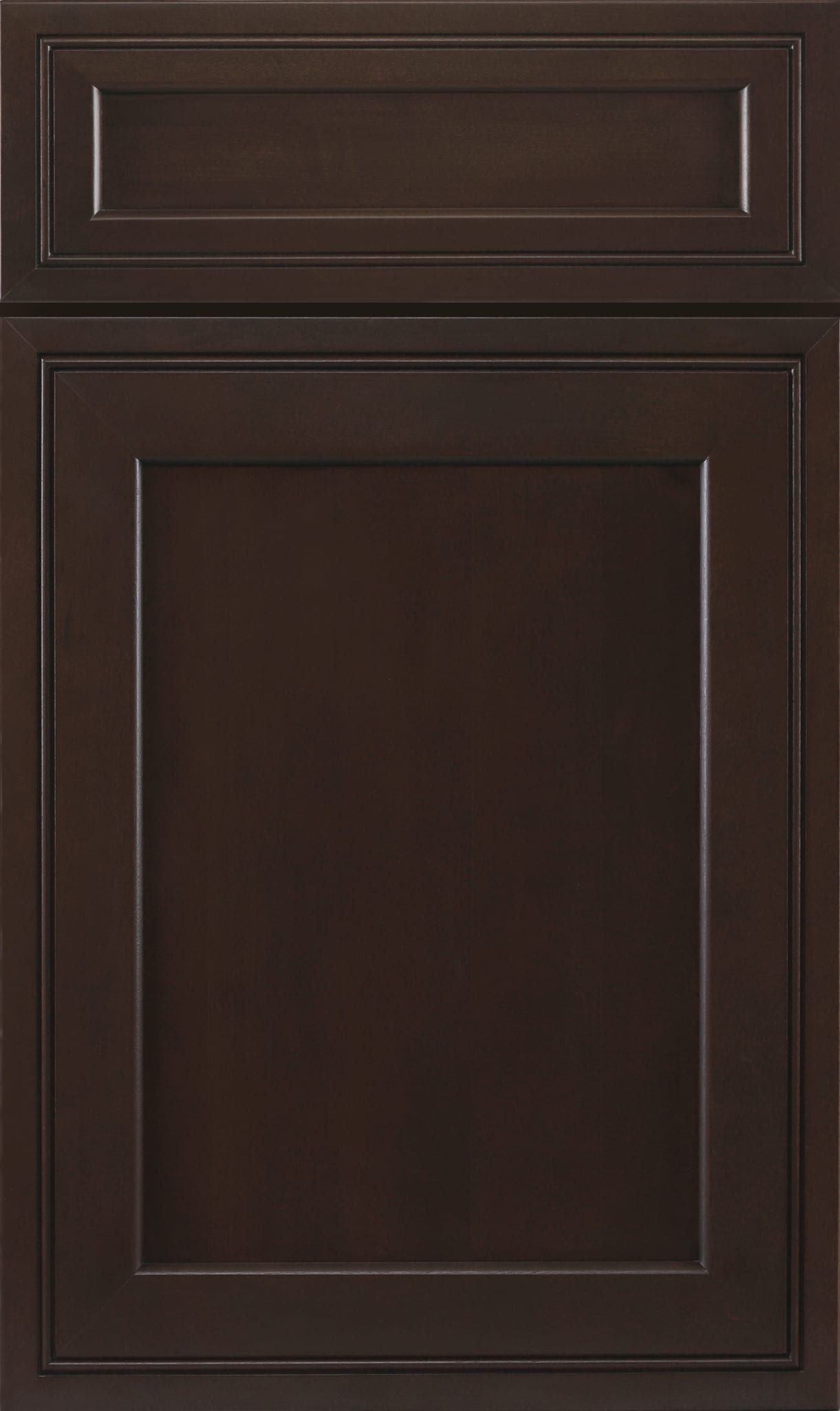 Dark brown cabinet door with a small upper panel and a large lower panel.