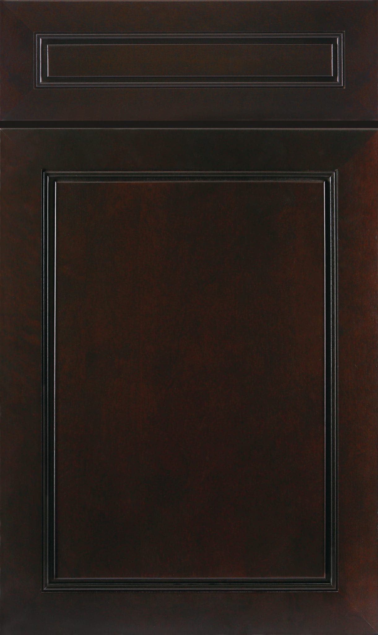 Dark brown cabinet door with a rectangular raised panel and a narrow horizontal drawer at the top