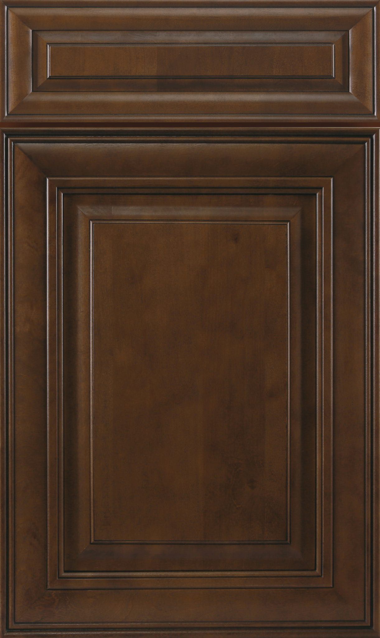Brown wooden cabinet door with raised panel and decorative top molding