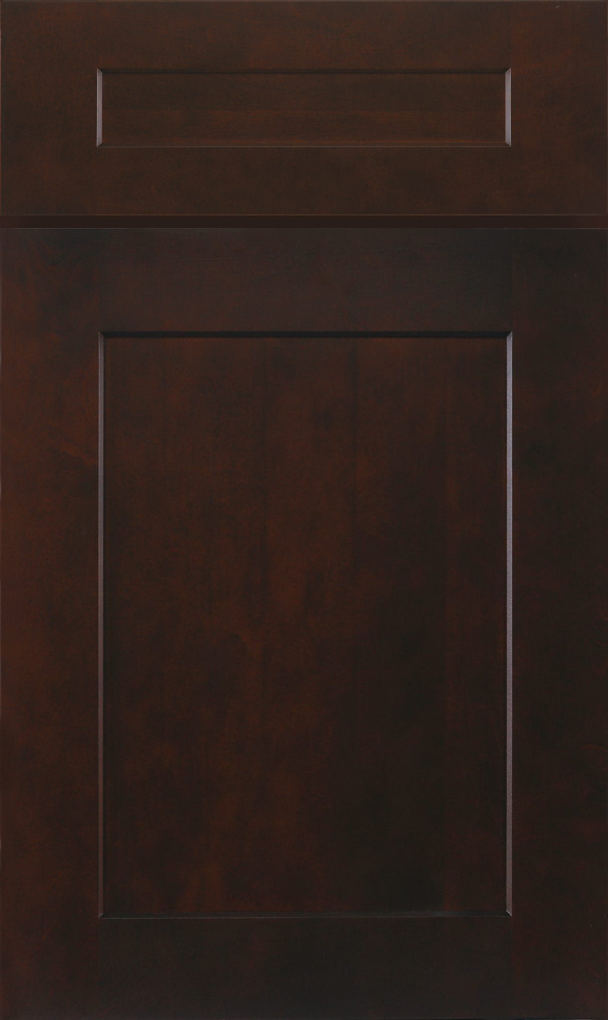 Dark wooden cabinet door with recessed rectangular panels and silver handles.