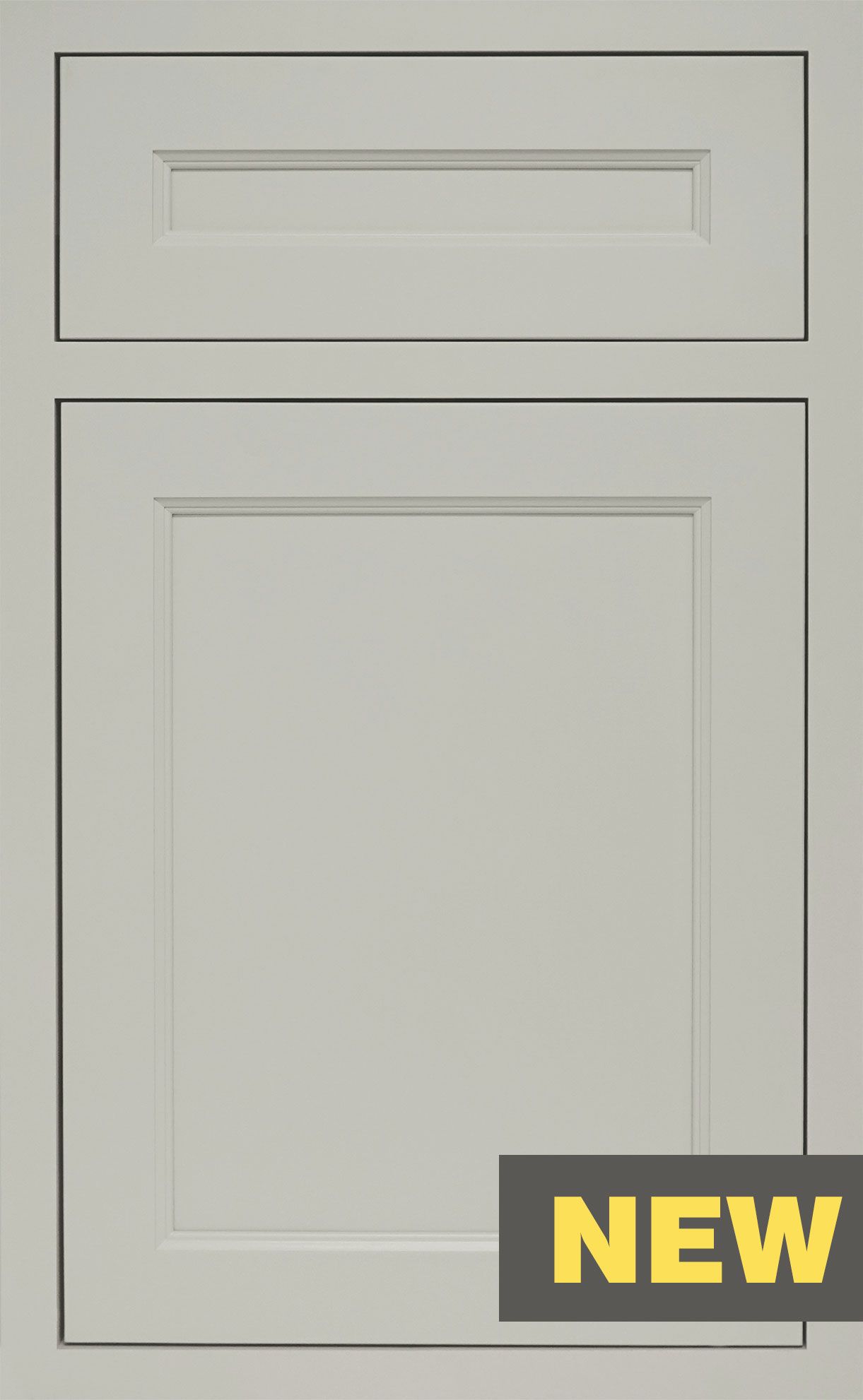 Two white cabinet doors with recessed panels; lower door marked with a yellow “NEW” tag.