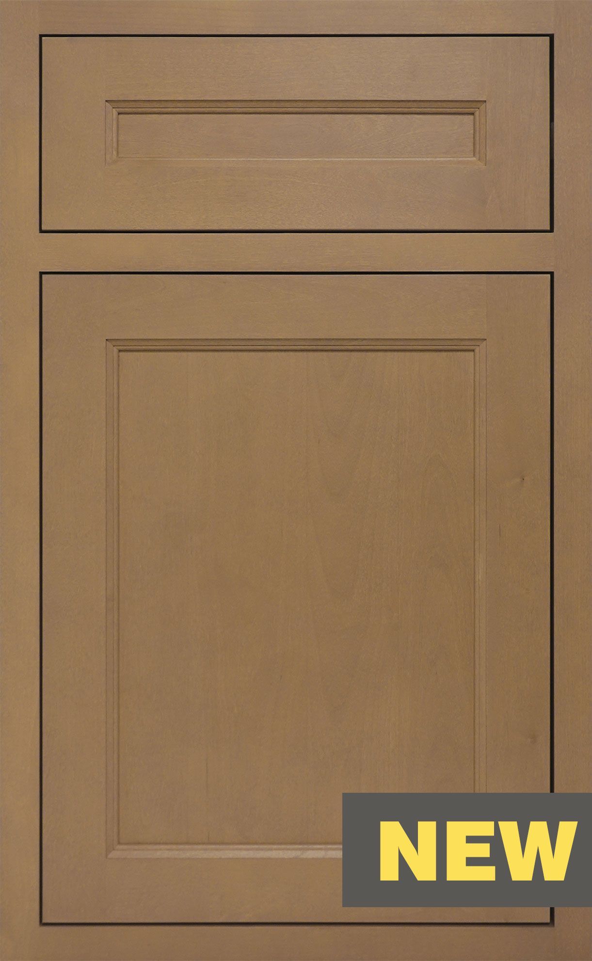 Brown paneled cabinet door with a yellow “NEW” label in the lower right corner
