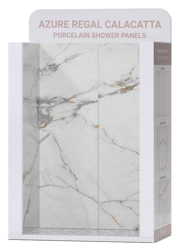 Boxed Azure Regal Calacatta porcelain shower panels with white marble pattern