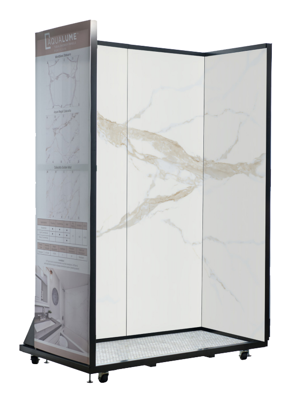 Modular shower display with white marble-look panels and black frame on a wheeled base