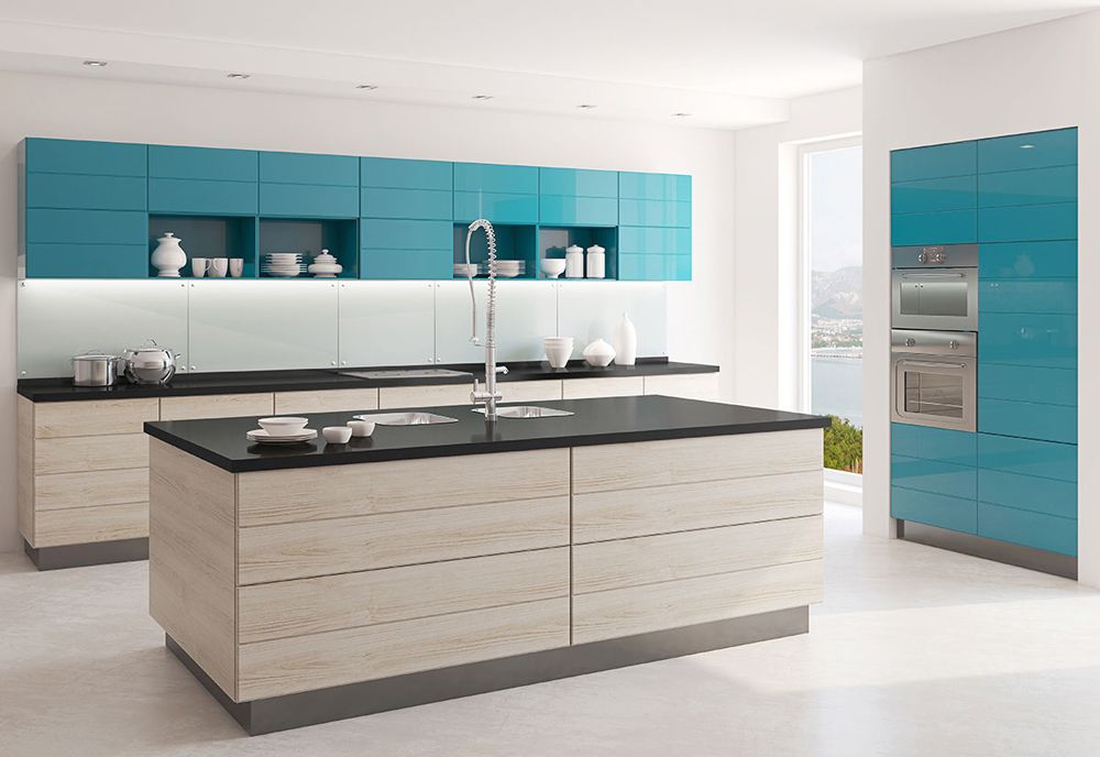 Modern kitchen with blue cabinets, wood islands, and stainless steel appliances