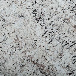 Close-up of light gray granite with black and white speckles and dark mineral streaks