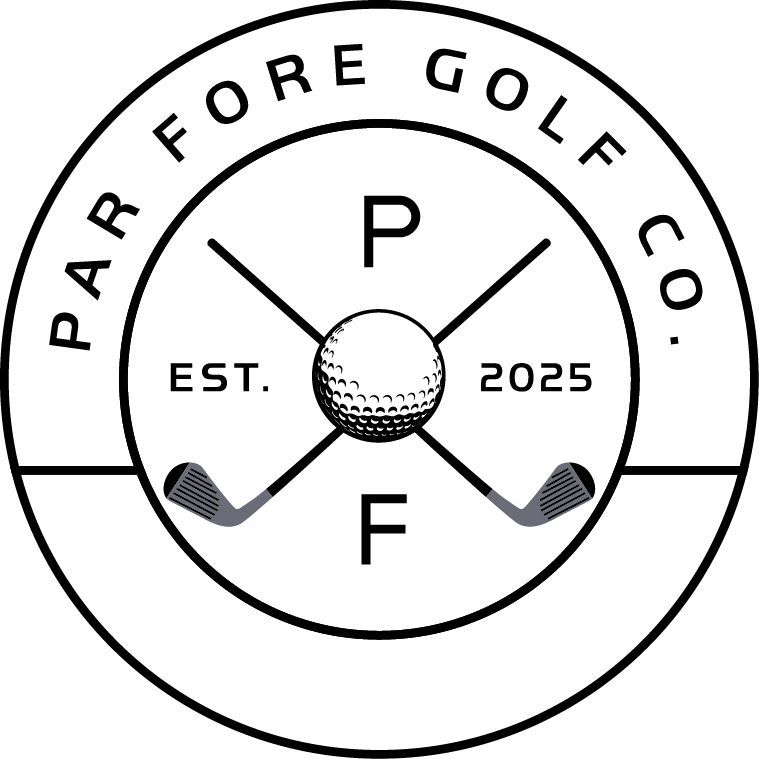Circular logo for Par Fore Golf Co. features a golf ball, crossed clubs, letters P and F, and company name.
