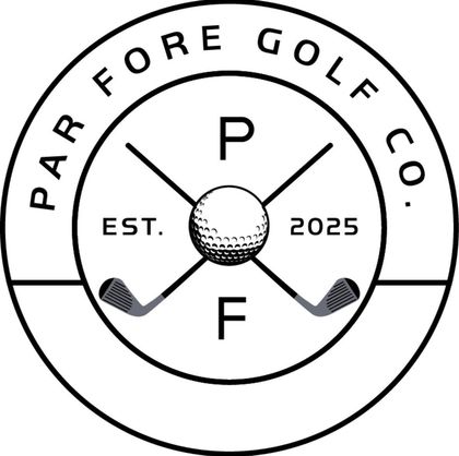 Circular logo for Par Fore Golf Co. features a golf ball, crossed clubs, letters P and F, and company name.