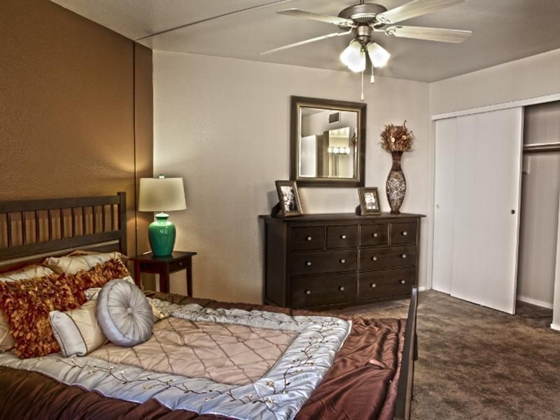 A bedroom with a bed , dresser , mirror and ceiling fan