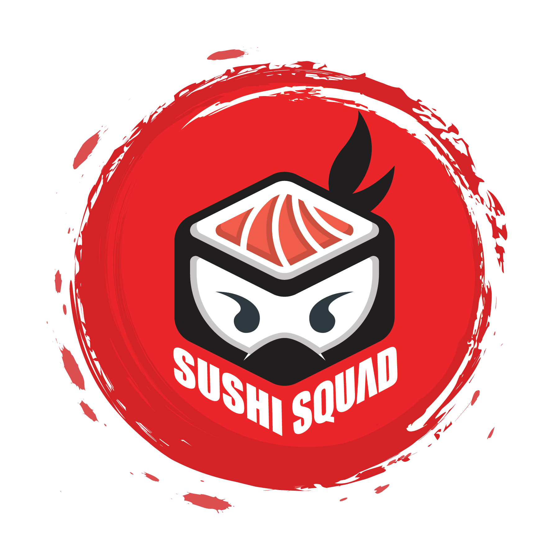 The logo for sushi squad is a ninja with a box of sushi on his head.